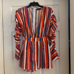 Pretty Little Thing Multicolor Stripe Plunge Playsuit Romper Sz 2 USA 6 UK 34 EU